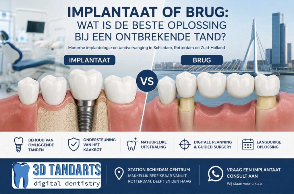 Implantaat of brug in Schiedam en Rotterdam: wat is de beste oplossing bij een ontbrekende tand?