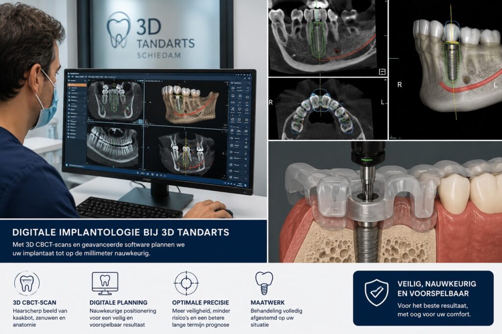 Immagini CBCT e pianificazione digitale dell'impianto sui monitor presso 3D Tandarts Schiedam